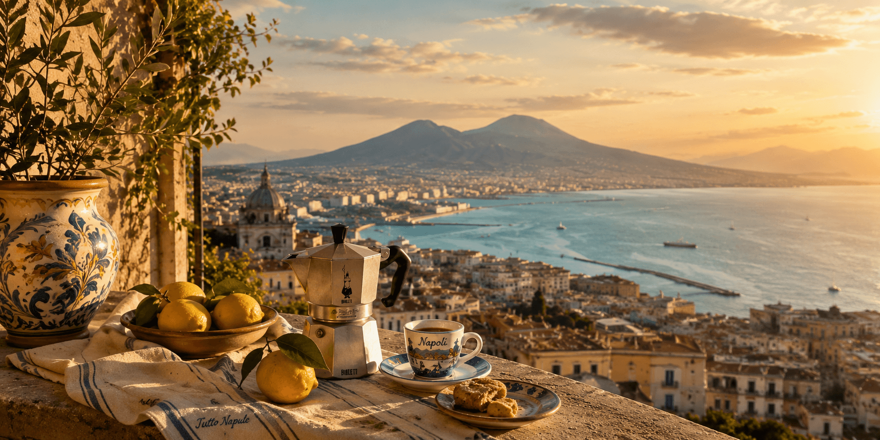 The Bay of Naples at sunset, with Vesuvius on the horizon